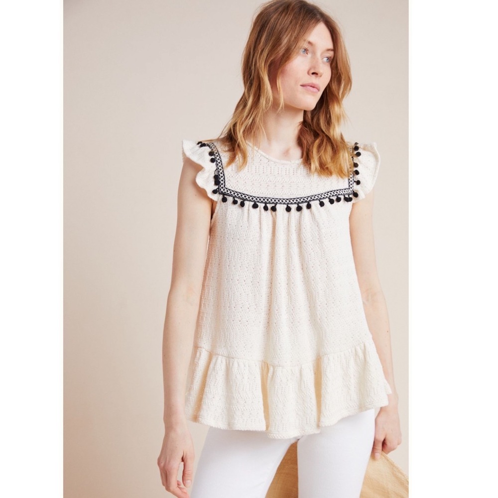 Eri + Ali Anthropologie Ivory Pointelle Peplum Top Cottagecore Boho Large NWT